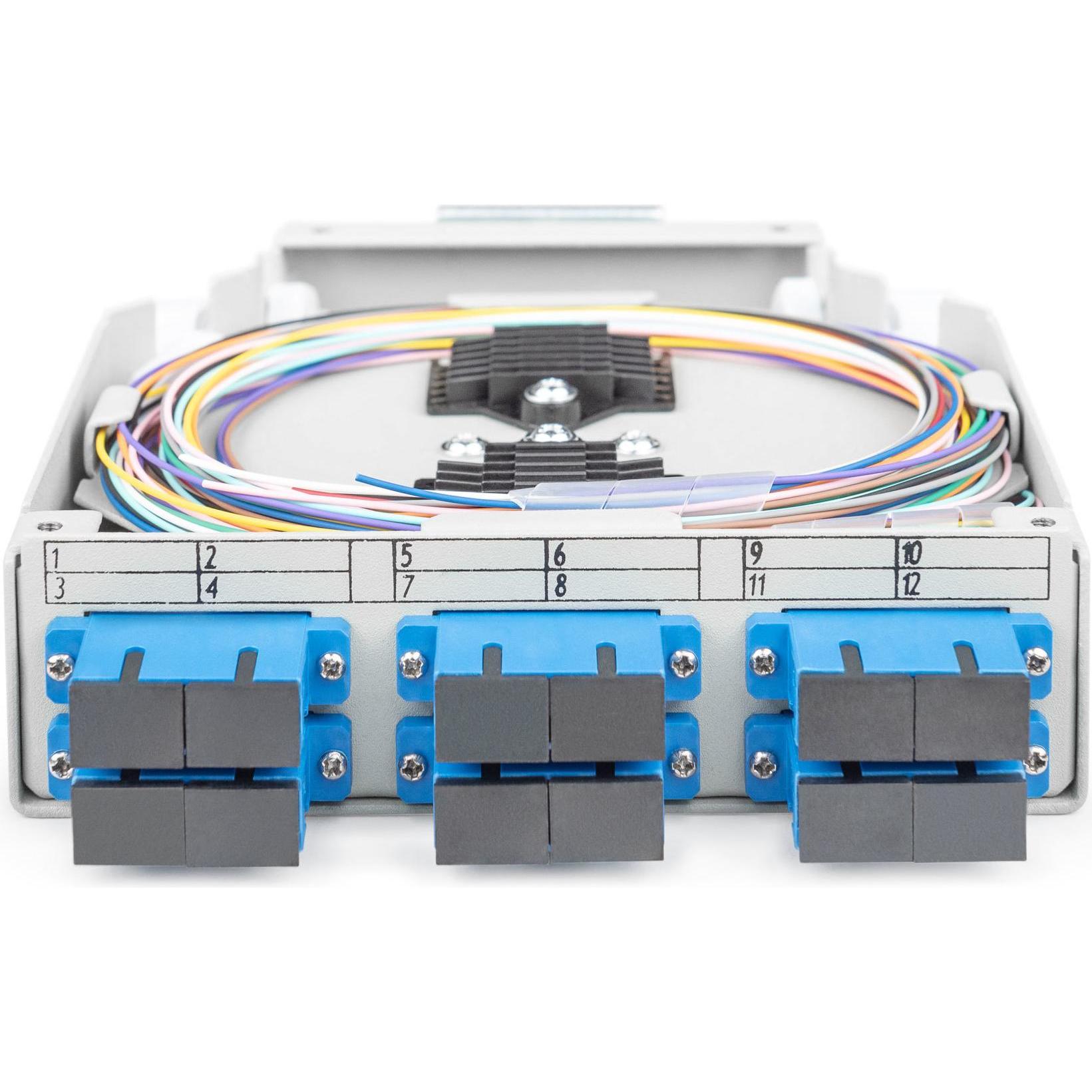 Thumbnail - Digitus LWL-Hutschienenbox, vorkonfektioniert, SM, 6 SC DX mit Pigtails und Kupplungen, Server Zubehör, Grau, Blau