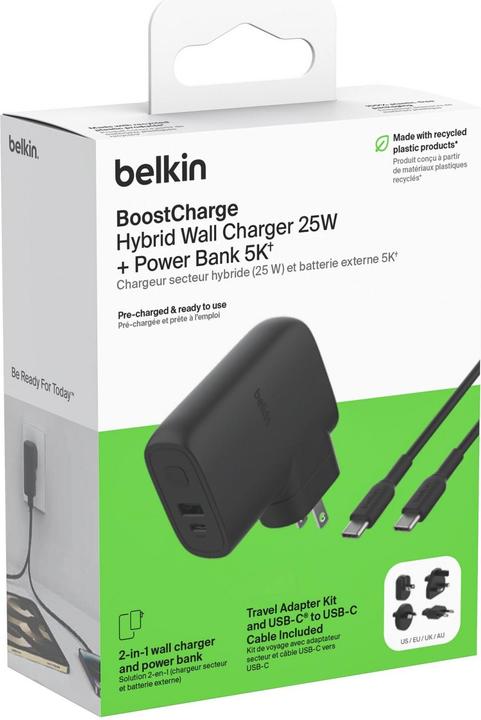 Actual product image Belkin Hybrid Wall Charger + Power Bank + Travel Adapter Kit (5000 mAh, 25 W, 18.50 Wh)