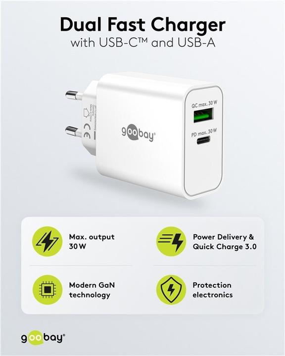 Immagine prodotto Goobay USB-C PD GaN Dual-Schnellladegerät 30 W weiss (30 W, 2 porte)