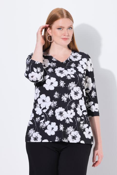Image du produit Ulla Popken T-shirt au tombé fluide à fleurs, col V et manches 3/4, collection Classic (46, 48)