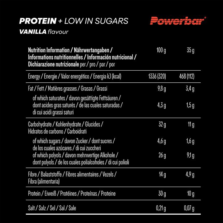 Valeurs nutritives et ingrédients Powerbar Protein Plus Low Sugar (560 g, 16 pcs)