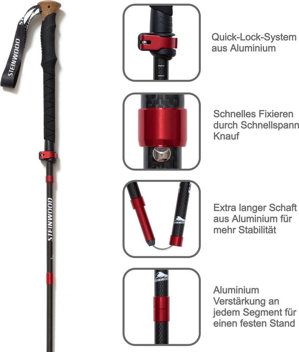 Produktbild Steinwood Carbon Wanderstöcke, Leicht, Verstellbar, mit Gummipuffern und Tragebeutel, Faltbar 135cm (115 - 135 cm)