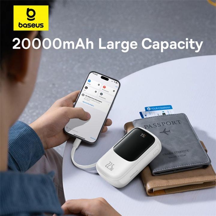 Produktbild Baseus Qpow Pro+ 20000 mAh 22,5 W Powerbank mit integriertem USB-C-Kabel und Display – Weiss (20000 mAh, 22.50 W, 74 Wh)