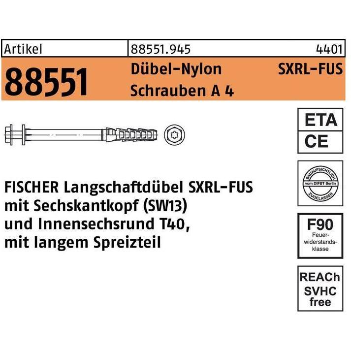 Thumbnail - Fischer, Dübel, Langschaftdübel R 88551 SXRL 10 x100 FUS Schrauben A 4/Dübel-Nylon (50 Stk.)