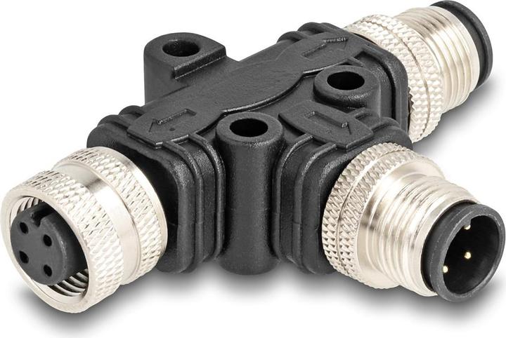 Image du produit Delock M12 T-Splitter A-codé 4 broches mâle vers 1 x mâle et 1 x femelle connexion parallèle