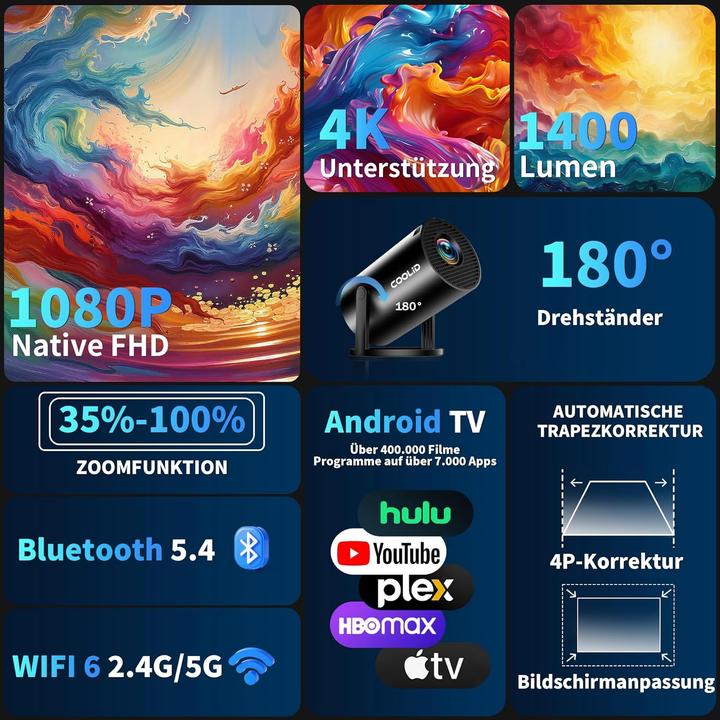 Actual product image Coolid Mini Beamer mit 4K-Unterstützung und 5G WiFi 6 (Full HD, 1400 lm)