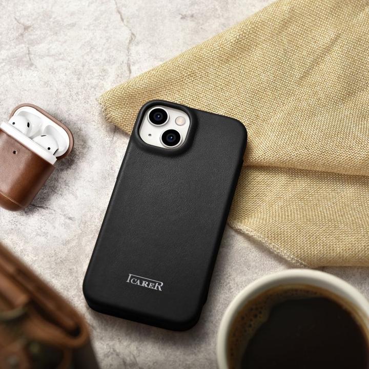 Actual product image iCarer CE Premium Leather Folio Case iPhone 14 Plus Magnetic Flip Leather Folio Case MagSafe black ( (Apple iPhone 14 Plus)