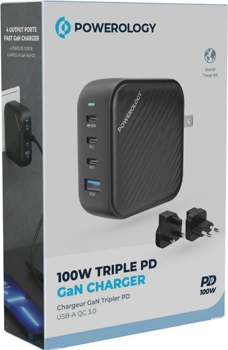 Produktbild Powerology 3 Port PD + 1 QC3.0 GaN Wall Charger 100W (100 W, 3 Ports)