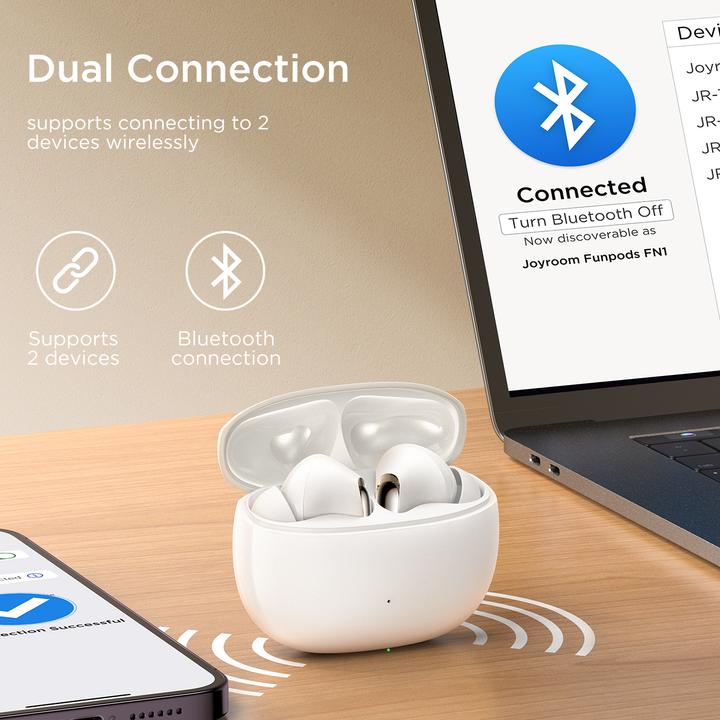 Actual product image Joyroom Funpods JR-FN1 wireless in-ear TWS Bluetooth 5.4 ANC ENC headphones - white (ANC, 7 h, Wireless)