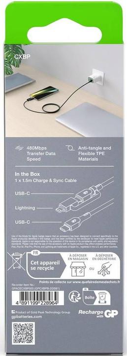 Image du produit GP Batteries GP 60W Lade- & Sync Kabel USB-A auf USB-C und Lightning (1.50 m, USB 2.0, 60 W)