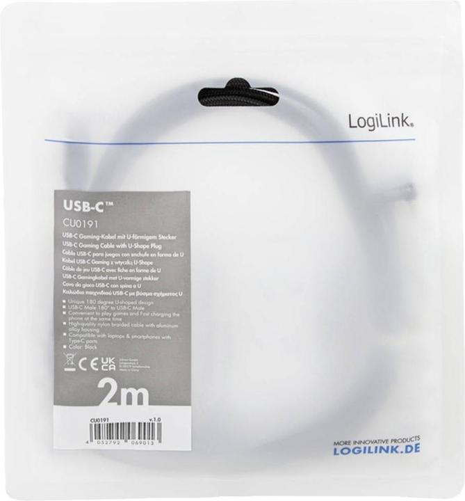 Actual product image LogiLink USB 2.0 Type-C cable, C/M 180° to USB-C/M, aluminium, black, 2 m (2 m, USB 2.0, 60 W)