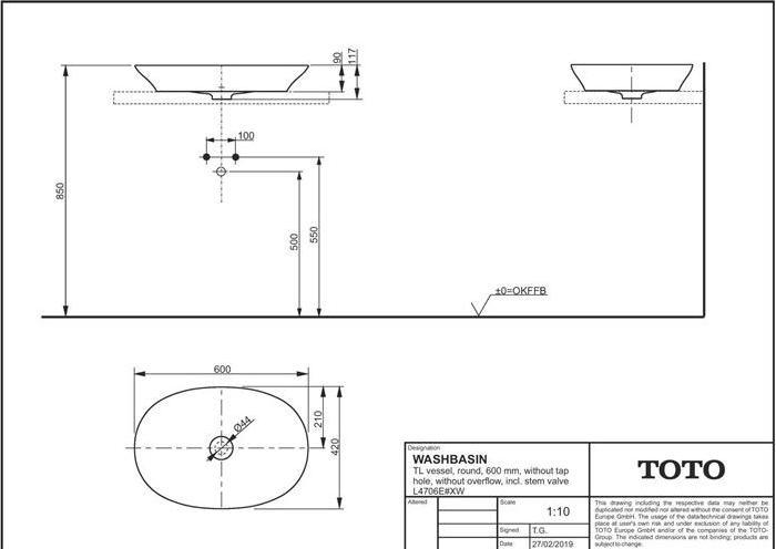 Actual product image TOTO TL Countertop washbasin rd o HL without overflow 117x600x420mm white (420 mm, 600 mm)