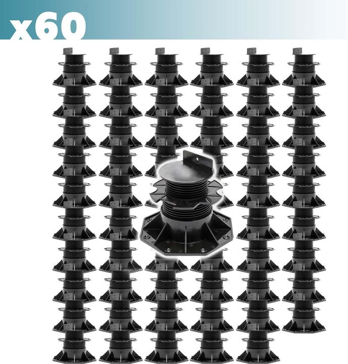 Image du produit XPOtool Plots de terrasse Set 60x Charge 2700kg Réglage en hauteur 60-128mm Lames Dalles Piscine (60x, 18.80 x 18.80 cm)