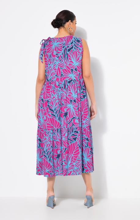 Produktbild Ulla Popken Jersey-Midikleid, Blüten, gekräuselter Rundhals, ärmellos (62)