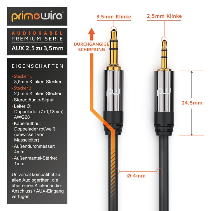 Actual product image Primewire 2.5mm Jack to 3.5mm Jack Audio Cable, AUX, HiFi Audio Adapter Jack Cable / Connector Cable (1.50 m, 3.5mm jack (AUX))