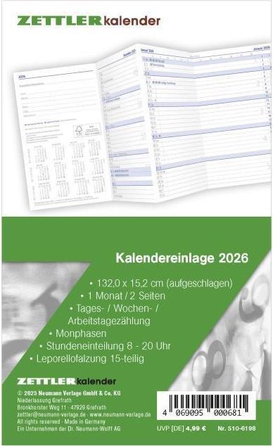 Actual product image Neumann Kalender-Ersatzeinlage 2026 - für den Taschenplaner Leporello Typ 510 - 8,8 x 15,2 cm - 1 Mo (9 x 15 cm, German)