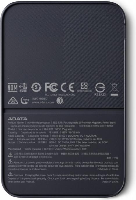 Actual product image Adata R050 MAGNETIC - Power Bank černá (5000 mAh, 20 W, 19.25 Wh)