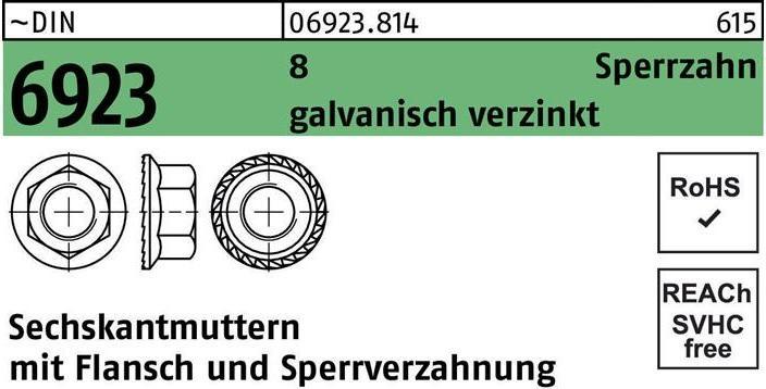 Produktbild Sechskantmutter DIN 6923 m.Flansch/Sperrverzahnung M 12 8 galvanisch verzinkt (M12)
