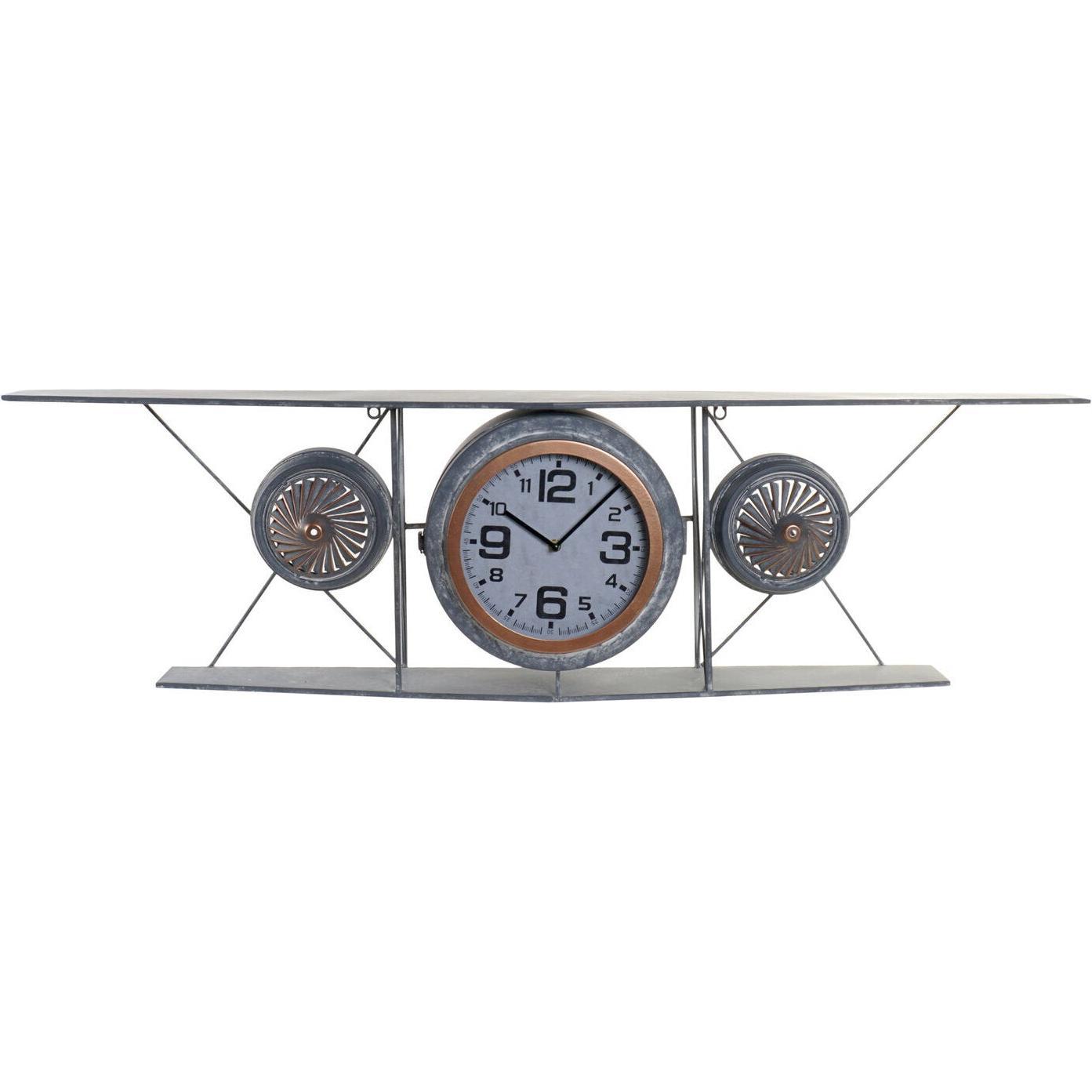 DKD Home Decor, Orologio da parete, Wall Clock Crystal Iron Aeroplane MDF Wood Dark grey (120 x 21 x 33.5 cm)
