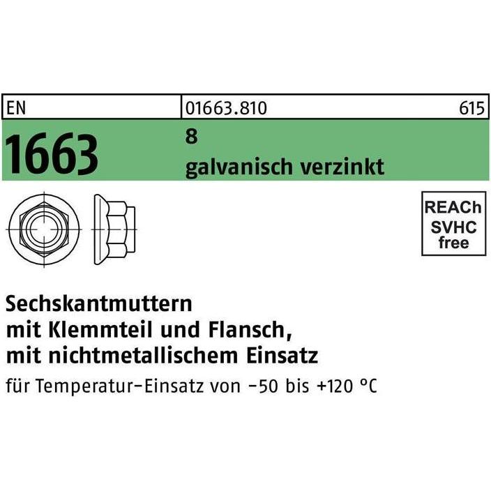 Muttern + Unterlegscheiben, Sechskantmutter EN 1663 m.Klemmteil/Flansch M 16 8 galvanisch verzinkt (M16)