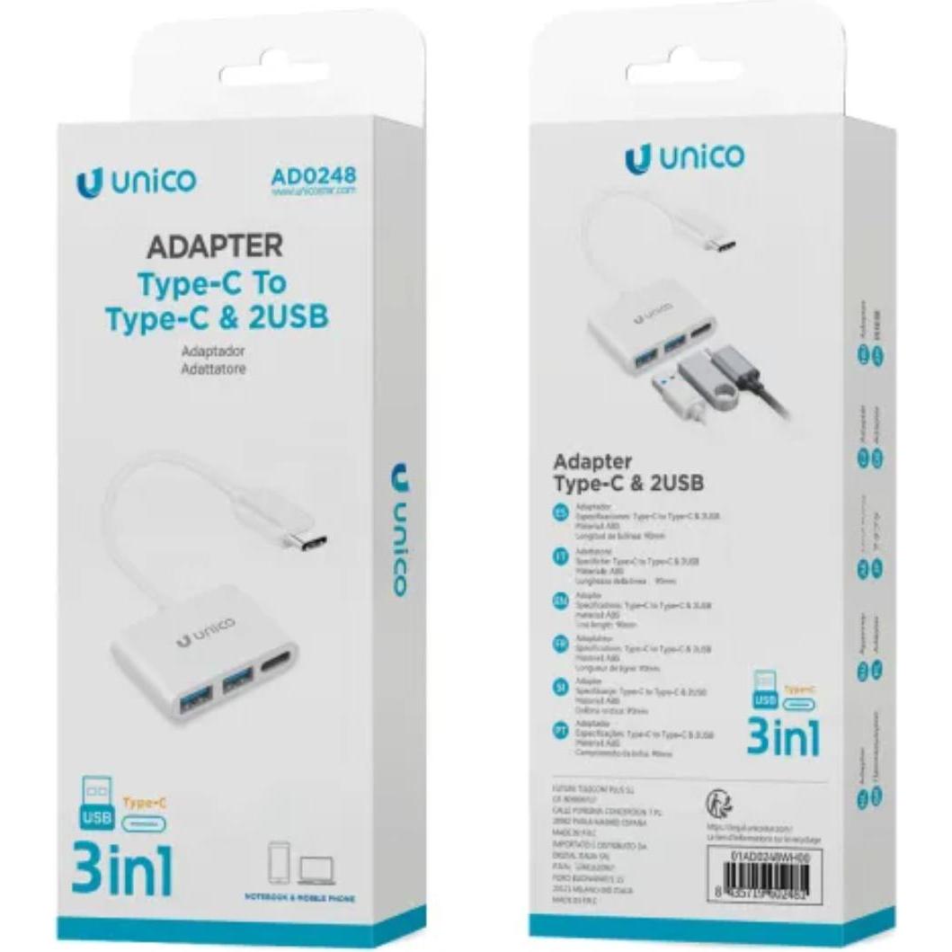 Thumbnail - Unico ADAPTADOR TIPO(C) A 2 USB(A) Y USB TIPO(C) (USB-C), Dockingstation + USB Hub, Weiss