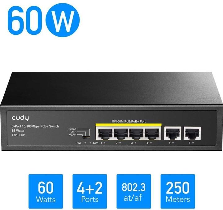 Actual product image Cudy FS1006P network switch Fast Ethernet (10/100) Power over Ethernet (PoE) Black (6 ports)