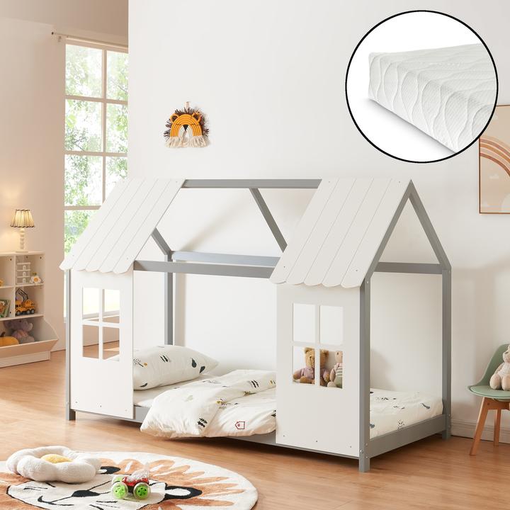 Produktbild En.Casa Halboffenes Kinderbett Tostedt mit Matratze 90x200 cm Grau/Weiss (90 x 200 cm)