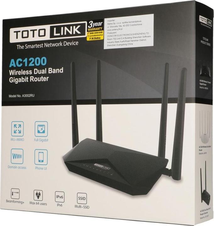 Immagine prodotto Totolink A3002RU-V2 WLAN Router Gigabit Ethernet Dual-Band (/5 GHz)
