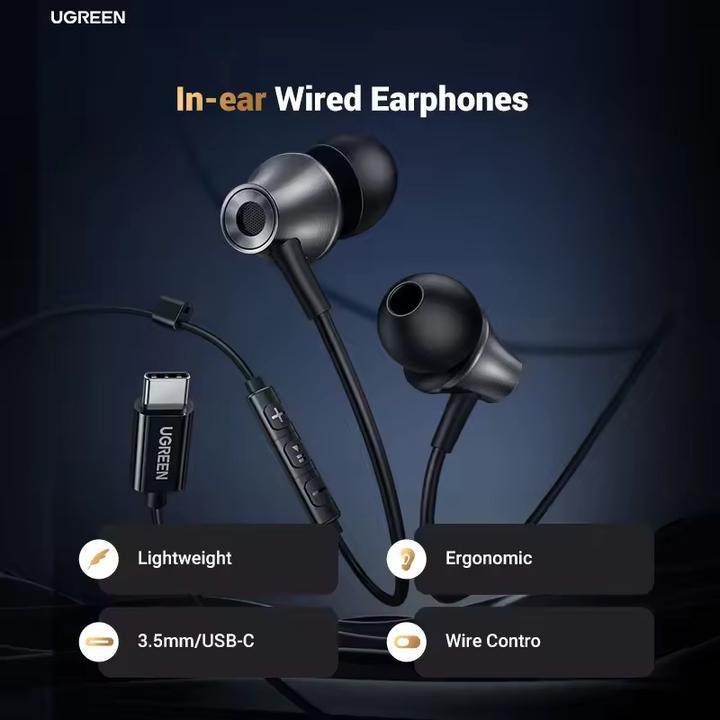 Actual product image Ugreen EP105 wired in-ear headphones, USB-C, 1.2m (black) (Cable)
