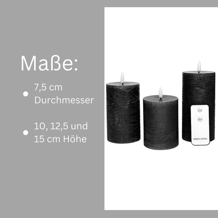 Actual product image Novaliv 6er Set Led Kerzen 7,5cm ø Kerze flackernde Flamme mit Fernbedingung SCHWARZ 15 cm + 12,5 cm + 10 cm (6x)