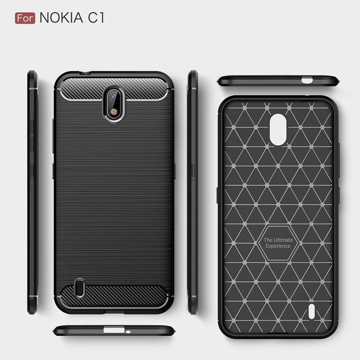 Produktbild König Design Hülle Handy Schutz für Nokia C1 Case Cover Bumper Carbon Optik Etui TPU Schwarz (Nokia 1)