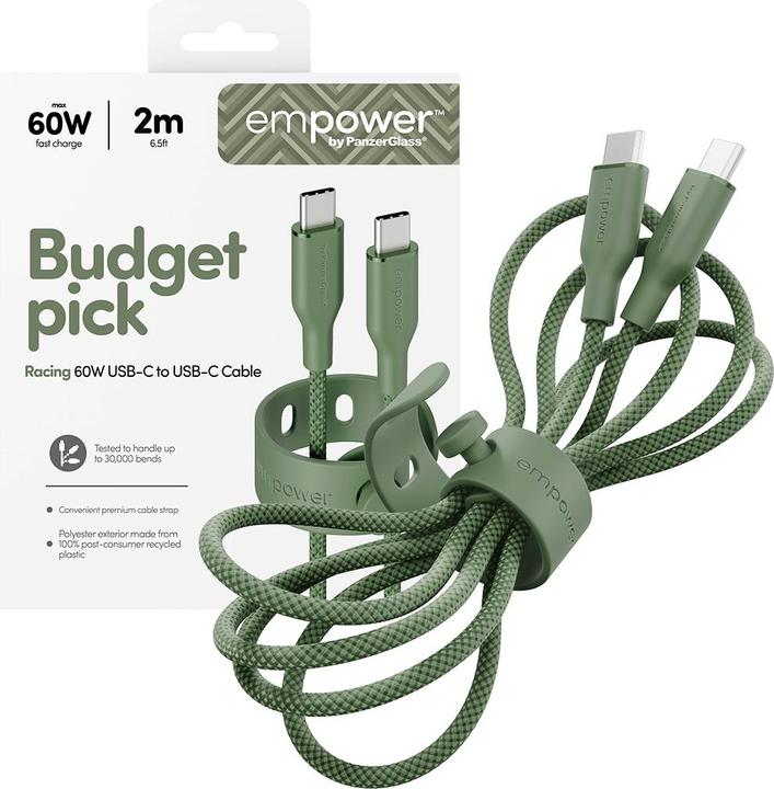Actual product image PanzerGlass empower™ by ® Racing 60W USB-C to USB-C Cable | USB 2.0 | 2M | Sage (2 m, USB 2.0, 60 W)