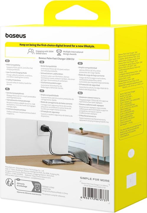 Image du produit Baseus Chargeur USB et USB-C Palm 20W UE noir (20 W, 2 ports)