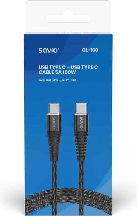 Actual product image Savio Cable USB USB-C - USB-C 2 m Black (1 811565) (2 m, USB 2.0, 100 W)