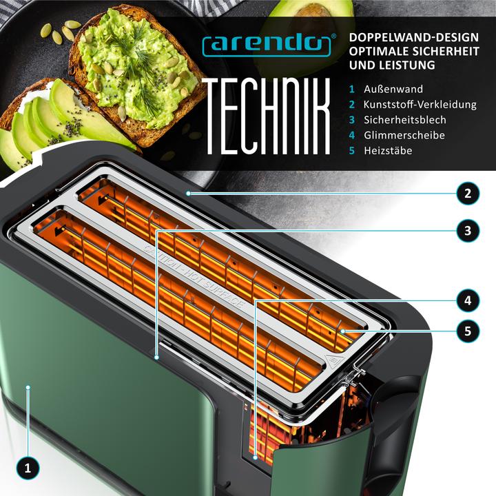 Image du produit Arendo Toaster Wärmeisoliertes Doppelwandgehäuse, Touch-Display, 2 lange Schlitze, für 4 Scheiben, 1500 W