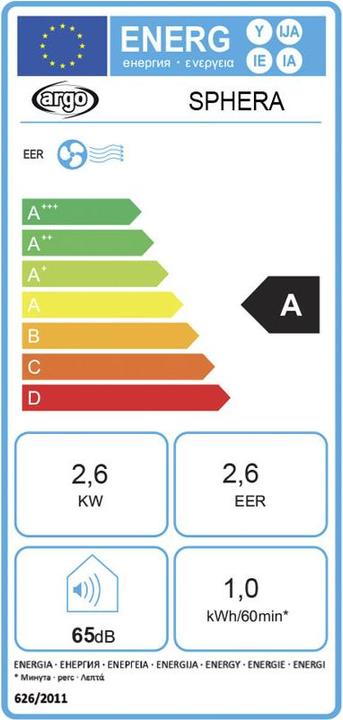 Energy Label Argo SPHERA Klimagerät 10.000 BTU 45m2 (45 m², 10000 BTU/h)