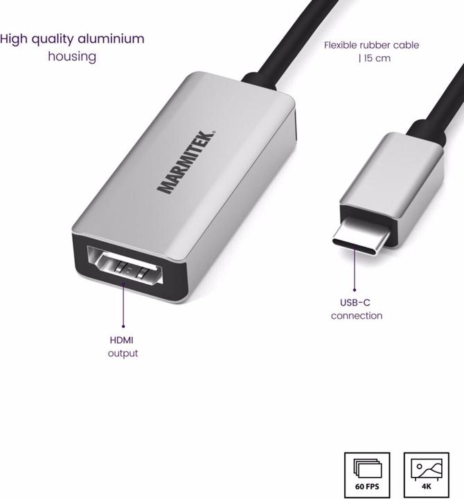Produktbild Marmitek 08369 Videokabel-Adapter 0,15 m USB Typ-C HDMI Schwarz (USB Typ-C, HDMI, 15 cm)