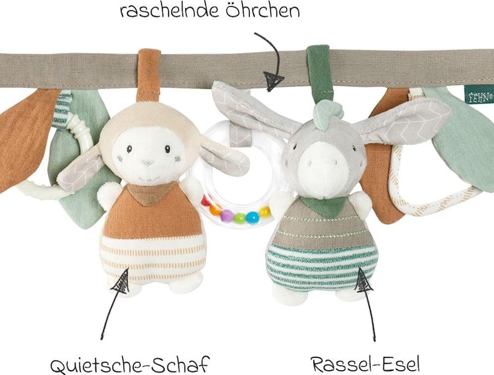 Produktbild Fehn Kinderwagenketten Kinderwagenkette mit Rassel & Quietsche - Esel & Schaf