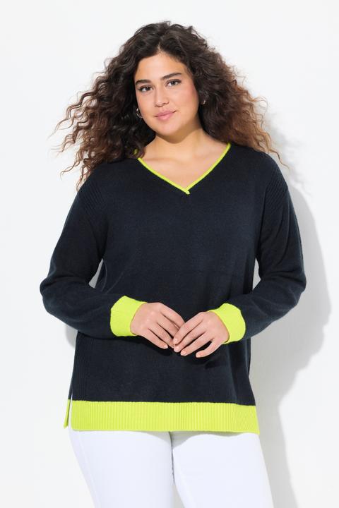 Immagine prodotto Ulla Popken Maglione con orli fluo, scollo a V e maniche lunghe (50, 52)