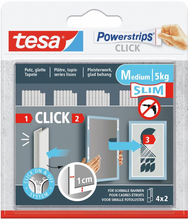 Immagine prodotto tesa Powerstrips CLICK - Klett-Klebepads - Bilder aufhängen ohne Bohren -Slim - 4 x 2 Stück (120 mm, 5 kg)