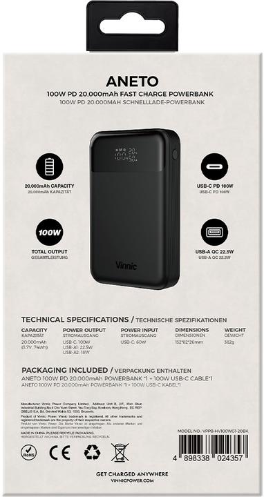 Image du produit Vinnic Aneto (20000 mAh, 100 W, 74 Wh)