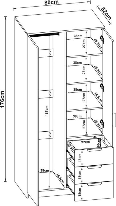 Produktbild En.Casa Kleiderschrank Eiselfing 176x80x52 cm 3 Schubladen Weiss
