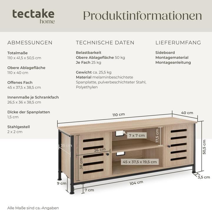 Actual product image tectake TV cabinet Carlow | W110 x D41.5 x H50.5 cm with two cabinets & shelf (41.50 x 41.50 x 50.50 cm)