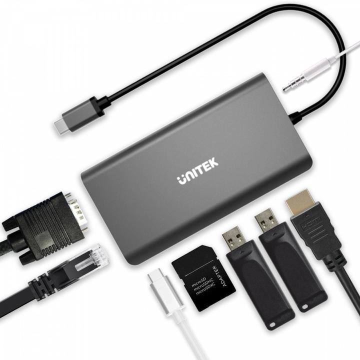 Produktbild Unitek HUB USB HUB 8-w-1 USB-C 3.1 HDMI VGA RJ45 SD PD 100W D1019B (USB-C, 8 Ports)