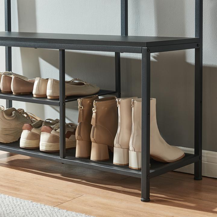 Produktbild En.Casa Garderobenständer Napinerg mit Spiegel und Schuhregal 185x98x34 cm Schwarz