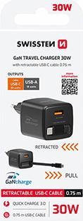 Produktbild Swissten Netzadapter SlideCHARGE GaN 30W, 1 Anschluss, 1x USB-A, MIT EINZIEHBAREM USB-C-KABEL (30 W, 1 Port)