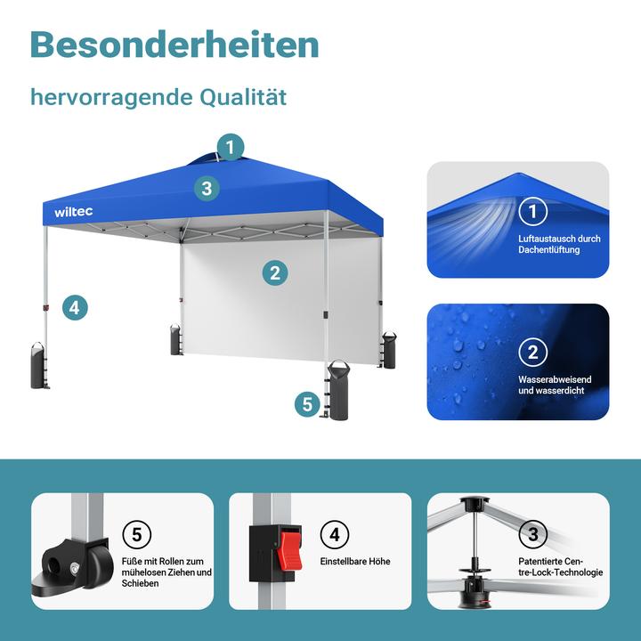 Produktbild Wiltec Pop up Pavillon 3x3m blau Seitenteil Räder Gartenpavillon Faltpavillon (300 cm, 300 cm)