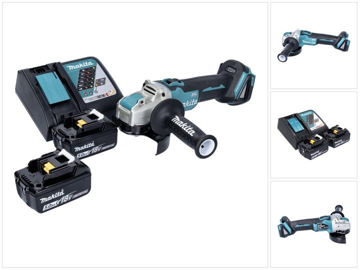 1x Makita DGA 521 cordless angle grinder, 1x additional handle ( 158237-4 ), 1x protective cover ( 347618-9 ), 2x Makita BL 1850 B 18 V 5.0 Ah battery, 1x Makita DC 18 RC charger