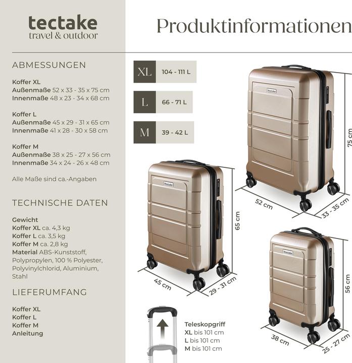 Immagine prodotto tectake Set di valigie rigide Brice 3 pz., lucchetto TSA (111 l)