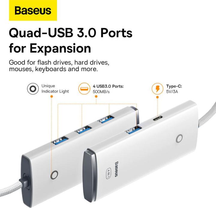 Produktbild Baseus Lite Series 4-Port Type-C HUB Adapter (Type-C to USB 3.0*4 ) 2m White (USB-C, 4 Ports)